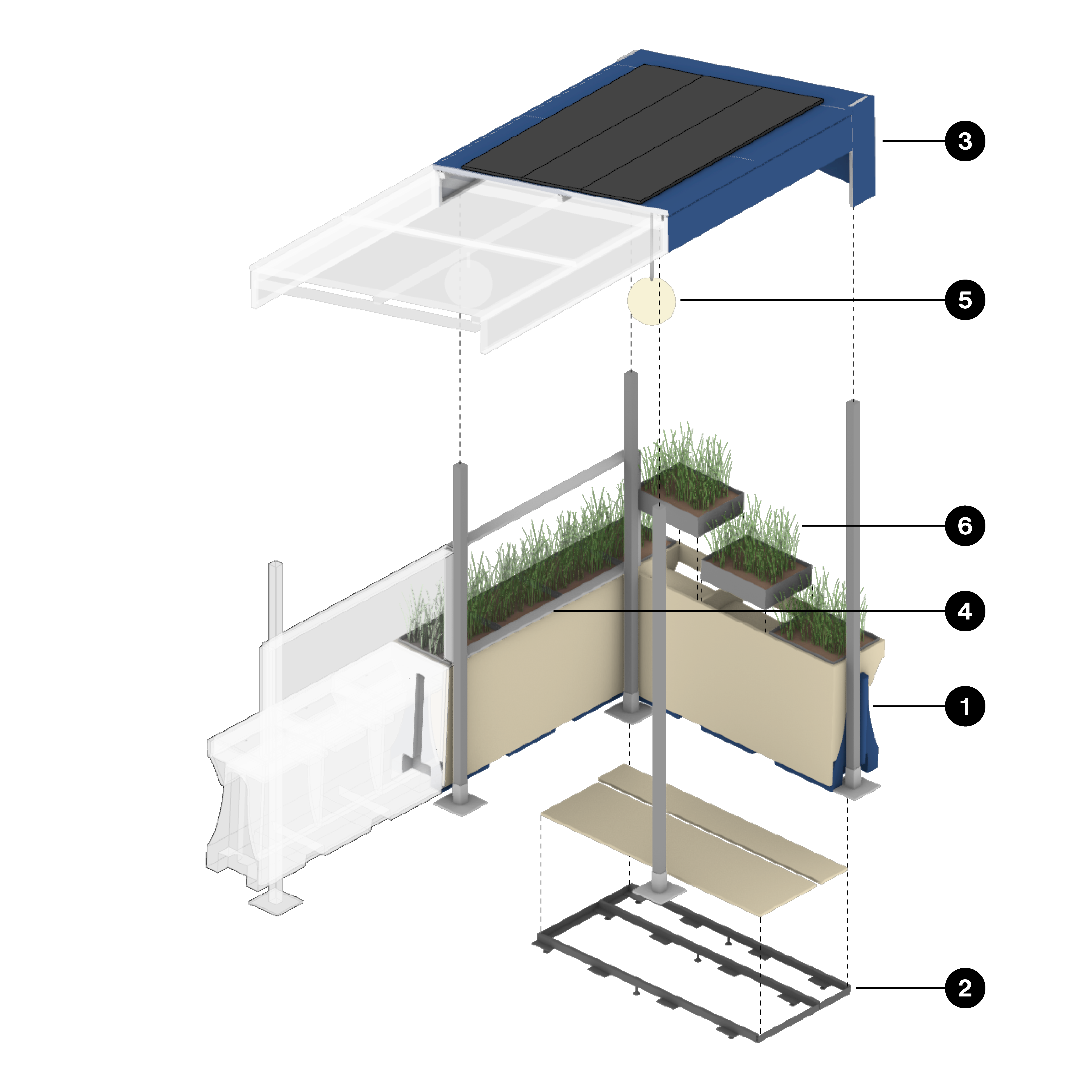 separate components of a floating parking lane roadway cafe are identified on this diagram: barrier, flooring, overhead covering, vertical screening, lighting and electrical, plants